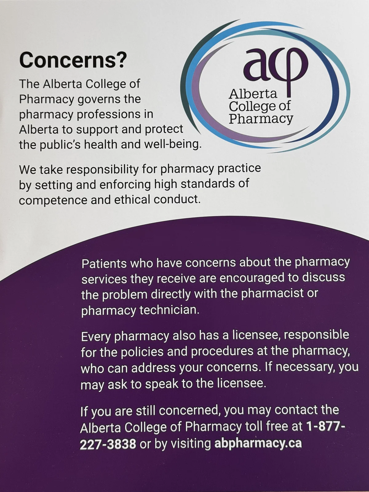 Alberta College of Pharmacy patient concerns information